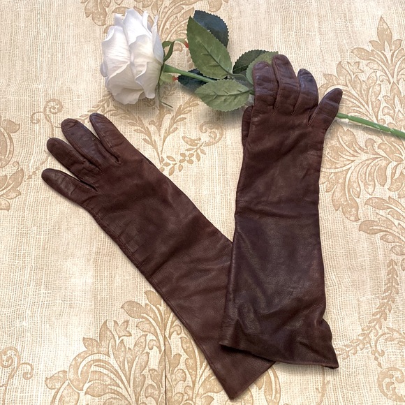 Vintage Kislav French Long Brown Leather Gloves Cashmere Lined